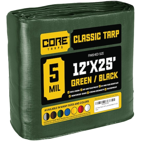 Core Tarps Tarp, 25 ft L x 0.5 mm H x 12 ft W, 5 Mil, Green/Black, Polyethylene CT-503-12X25